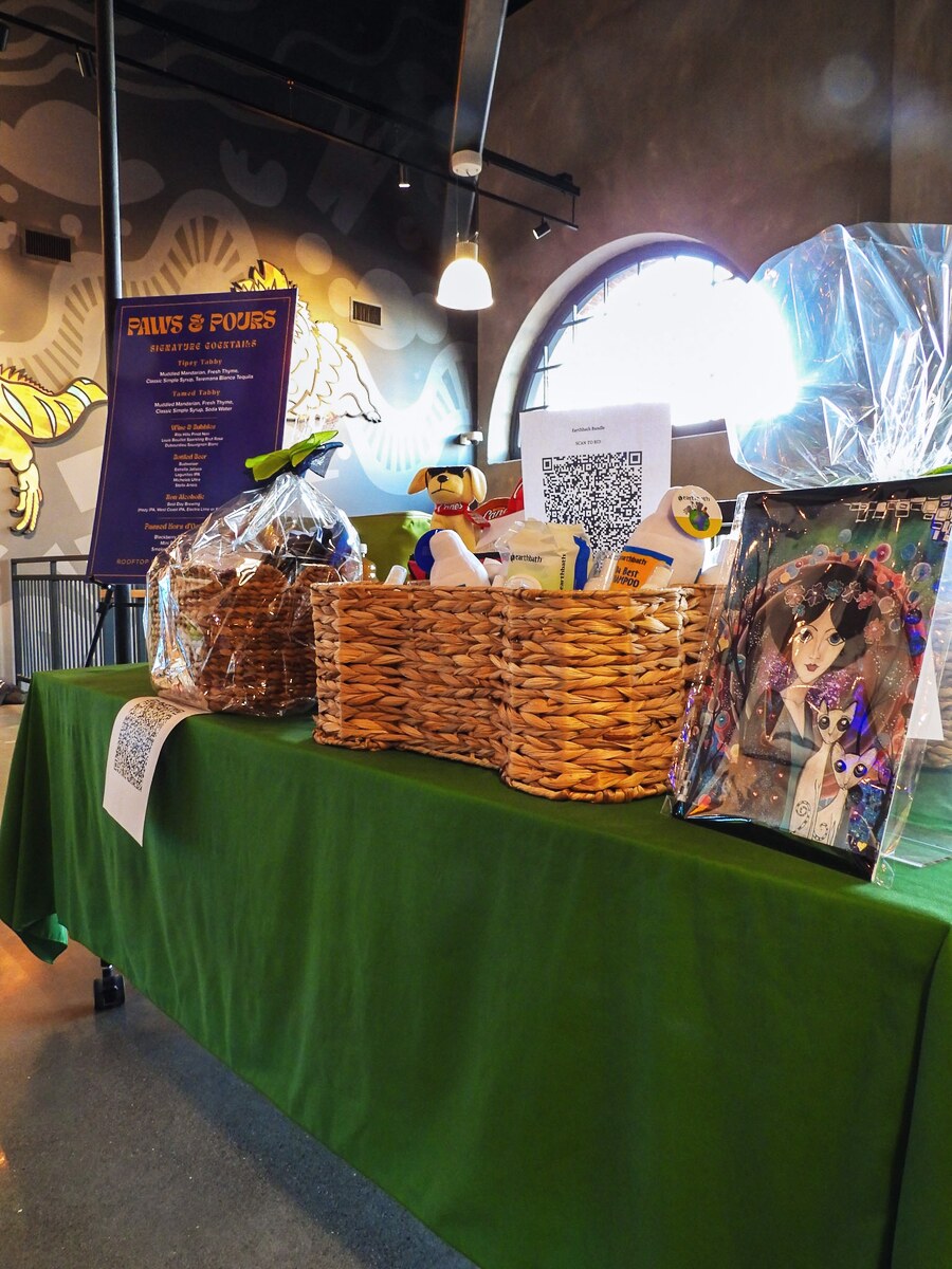 Silent auction items displayed at Evening for Animals